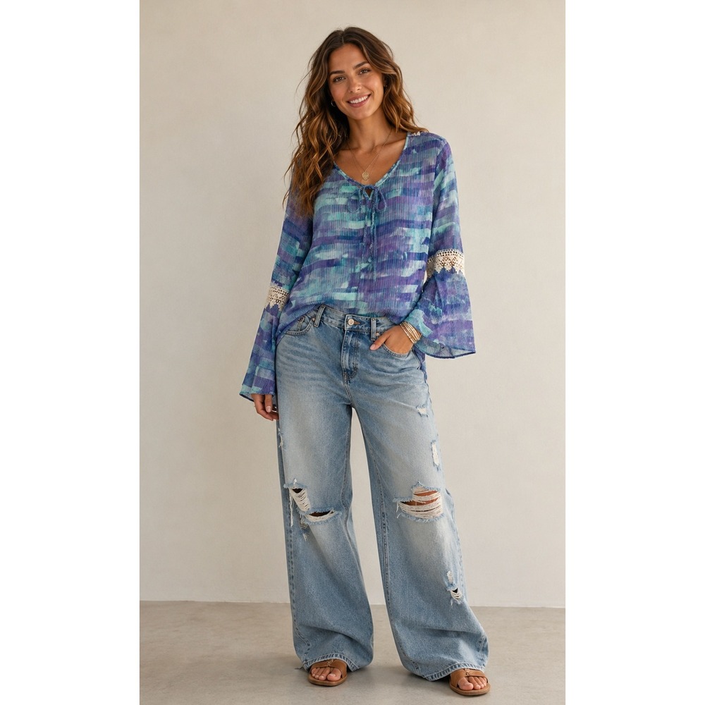Como Vintage Purple Teal Crochet Bell Sleeve Top Womens Medium NWT